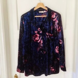 Belle by Kim Gravel Velvet Blue Large Floral button down Shirt size L elegant
